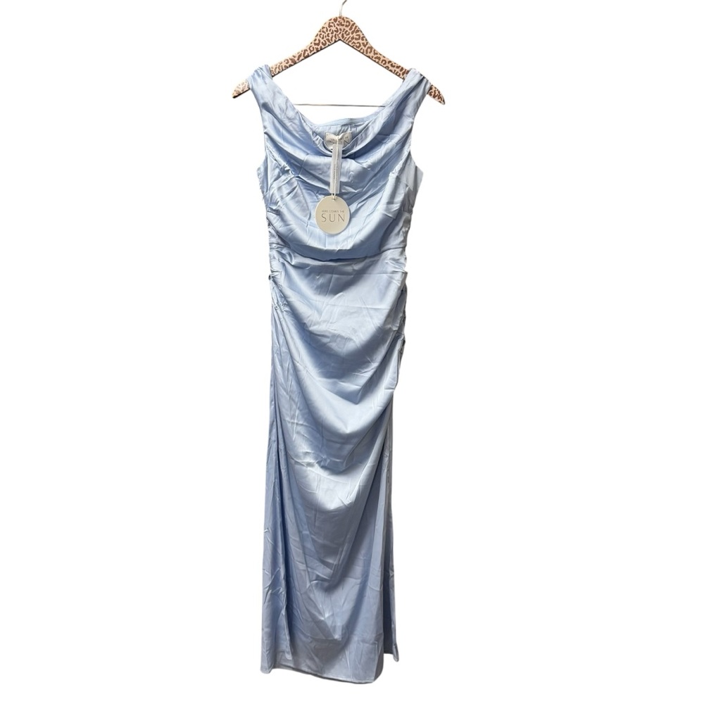 NEW Here Comes the Sun In Blooms Off Shoulder Satin Maxi Dress Blue Large NWT